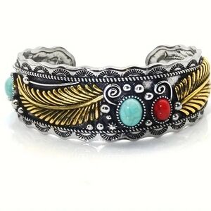 Anthropologie Silver and Gold Feather Bracelet with Turquoise and Red Stones
